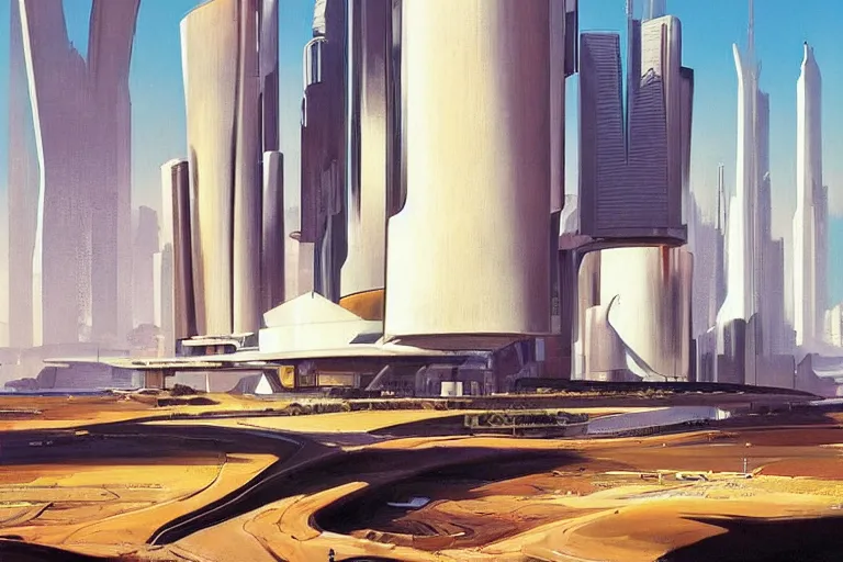 Prompt: rurual landscape with futuristic buildings, painting by syd mead, highly detailed, soft lighting, 8 k resolution, oil on canvas, architectural magazine, beautiful detailed, insanely intricate details, artstation trending