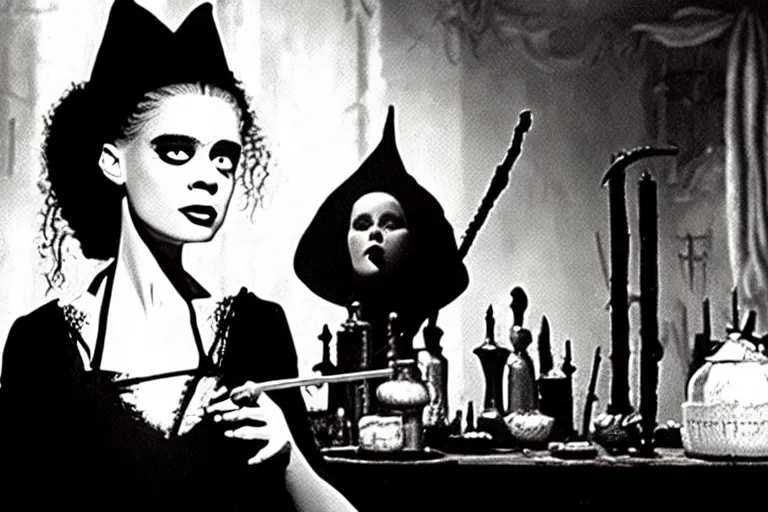 Image similar to close up portrait, dramatic lighting, teen bride of frankenstein witch calmly pointing a magic wand casting a spell over a large cauldron, cat on the table in front of her, a witch hat cloak, apothecary shelves in the background, still from the wizard of oz and peter pan