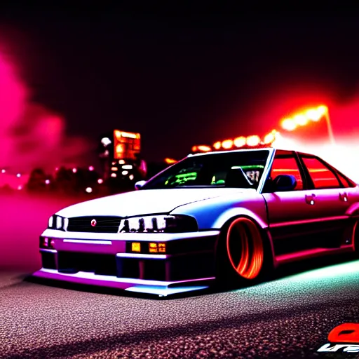 Image similar to a car JZX90 turbo drift at illegal car meet, Chiba prefecture, city midnight mist lights, cinematic color, photorealistic, highly detailed, work wheels, 200MM