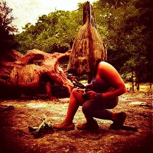 Prompt: “ a primitive pre-human woman Neanderthal shooting a photo with an iPhone to a roasted dynosaur way, anthropology photography, color kodakcrhome 64,National Geographic ”