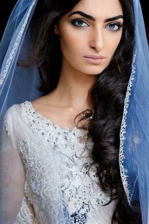 Image similar to Ameera al-Taweel, blue eyes, serious, long wavy black hair, white veil, closeup, focus face