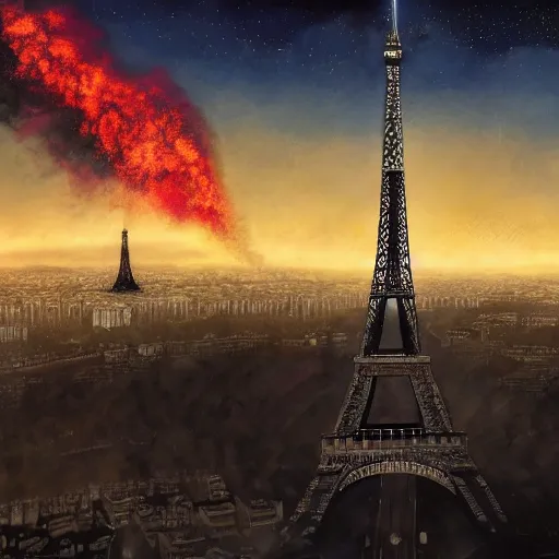 Image similar to the eifel tower gets hit by an asteroid, multiple asteroids are in the air, paris in the background is burning, apocalyptic, highly detailed, 4 k, digital paintin, sharp focus, tending on artstation