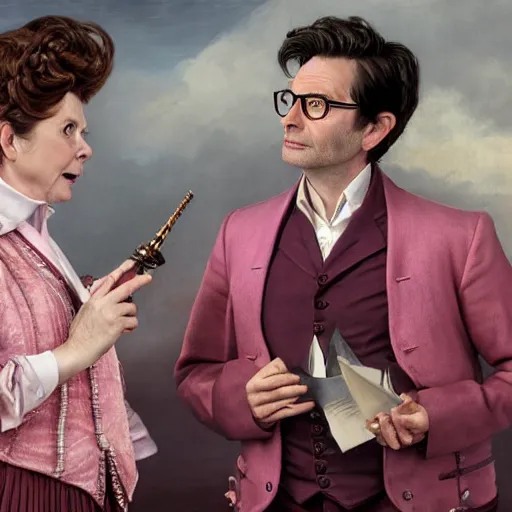 Image similar to david tennant and imelda staunton as dolores umbridge in pink clothes with the tenth doctor who, highly detailed, artstation, concept art, fantasy, smooth, sharp focus, illustration, perfect face, art by willem claesz. heda, nikolay makovsky, jacek malczewski, arthur hughes, edward okun, franz xaver winterhalter