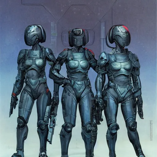 Image similar to all - female tactical scifi team, by wayne barlowe