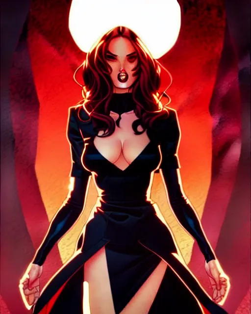 Image similar to artgerm, joshua middleton comic cover art, full body pretty megan fox vampire sharp teeth, red dress, symmetrical eyes, symmetrical face, long curly black hair, dark castle background background, cinematic lighting