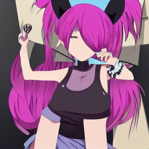 Image similar to anime girl with short purple hair and cat ears and a black tank top, aesthetic