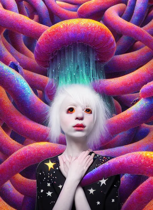 Image similar to hyper detailed 3d render like a Oil painting - kawaii portrait Aurora (white haired Singer Ferret) seen Eating of the Strangling network of yellowcake aerochrome and milky Fruit and Her delicate Hands hold of gossamer polyp blossoms bring iridescent fungal flowers whose spores black the foolish stars by Jacek Yerka, Mariusz Lewandowski, Houdini algorithmic generative render, Abstract brush strokes, Masterpiece, Edward Hopper and James Gilleard, Zdzislaw Beksinski, Mark Ryden, Wolfgang Lettl, hints of Yayoi Kasuma, octane render, 8k