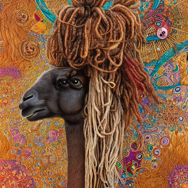 Prompt: llama with dreadlocks, by mandy jurgens, ernst haeckel, james jean. in the style of gustav klimt