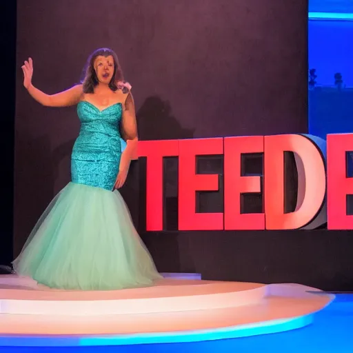 Prompt: a corporate mermaid giving a Ted Talk