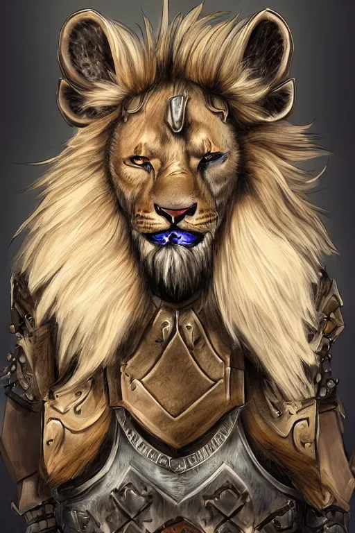 Prompt: portrait of a lion man wearing armor, detailed fur, mane tied into ponytail, fursona, furry art, anime art style