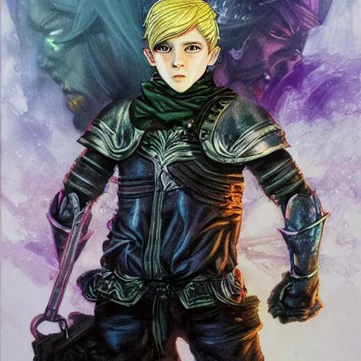 Image similar to an epic fantasy comic book style portrait painting of a young blonde boy thief in the style of yoshitaka amano