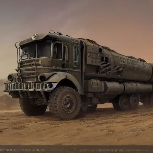 Prompt: a highly detailed epic cinematic concept art CG render digital painting artwork: dieselpunk Soviet truck inspired by a locomotive. By Greg Rutkowski, Ilya Kuvshinov, WLOP, Stanley Artgerm Lau, Ruan Jia and Fenghua Zhong, trending on ArtStation, subtle muted cinematic colors, made in Maya, Blender and Photoshop, octane render, excellent composition, cinematic atmosphere, dynamic dramatic cinematic lighting, precise correct anatomy, aesthetic, very inspirational, arthouse