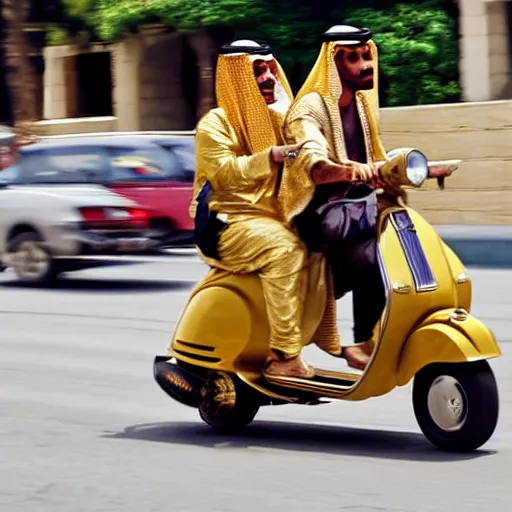 Image similar to a rich arab prince riding a gold plated vespa in heavy traffic