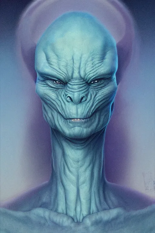 Image similar to fuzzy blue alien, portrait by wayne barlowe