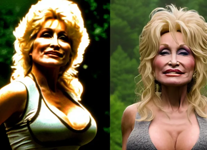 Image similar to film still of!!!! dolly parton!!! as lara croft in new tomb raider movie, 8 k