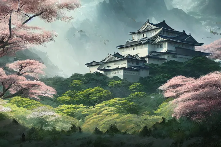 Prompt: Brutalist Himeji Castle Shiro in Lush Valley, amazing cinematic concept painting fantasy landscape, by Jessica Rossier, in the valley of garden of eden wildflowers and grasses, terraced orchards and ponds, lush fertile fecund, fruit trees, birds in flight, animals wildlife