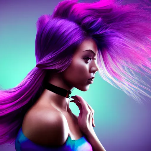 Image similar to a award winning action upper body portrait of a beautiful woman with a ombre purple pink hairstyle with head in motion and hair flying, choker, outrun, vaporware, vivid colors, highly detailed, fine detail, intricate