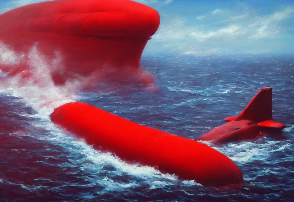 Image similar to realistic oil painting of a submarine in a red ocean!!