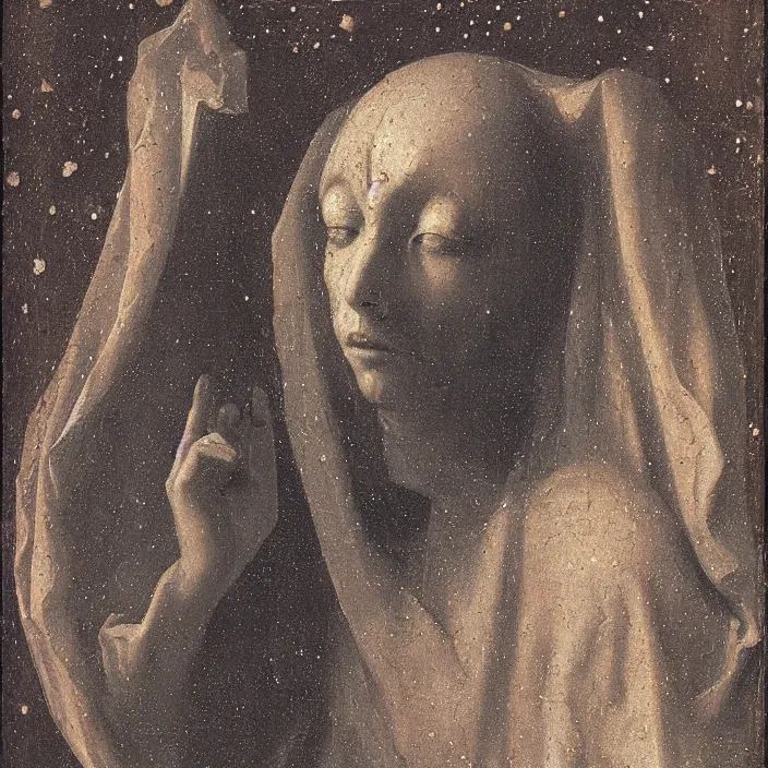 Image similar to a veiled woman made of stone crying in a nebula, by Jan van Eyck