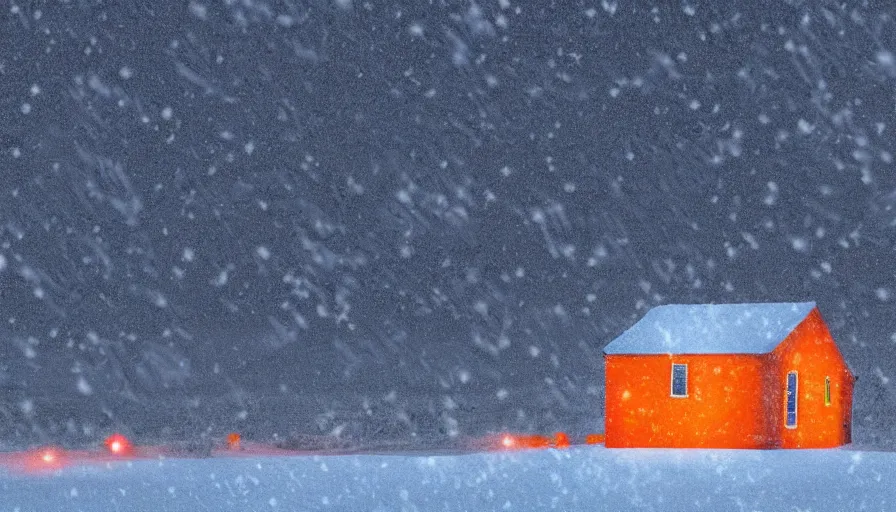 Prompt: Snowy Landscape with Blizzard! in a snowstorm!, a single Small shack in the distance with orange lights in the windows, snowstorm, digital art, highly detailed, blizzard, 4k