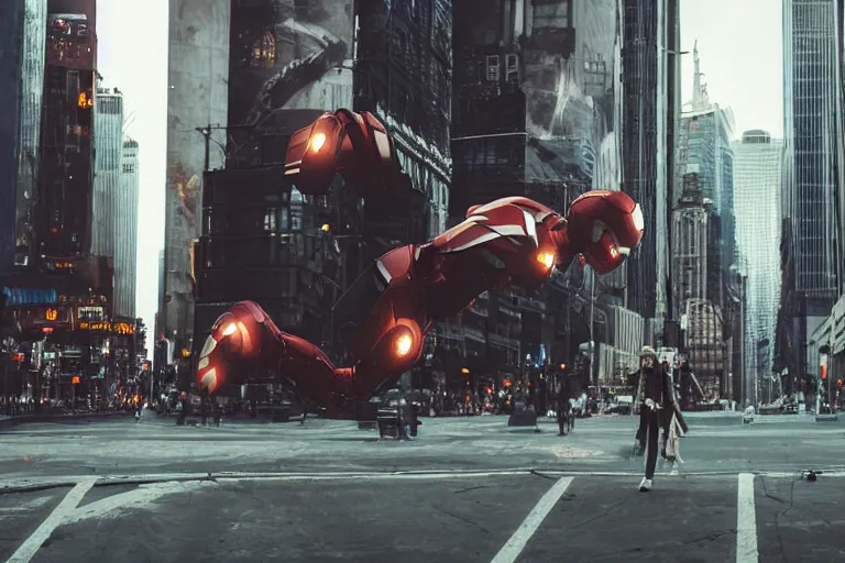 Image similar to vfx marvel sci-fi woman super hero robot photo real full body action pose, flying over city street cinematic lighting by Emmanuel Lubezki