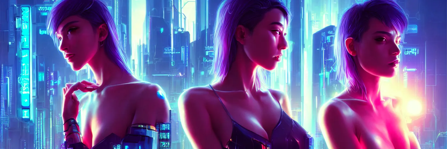 Image similar to portrait of a single female humanoid in a cyberpunk cityscape, half body cropping, elegant glamor pose, accurate anatomy, cyber neon lighting, bokeh, hyper photorealistic, crispy quality, digital photography, art by pascal blanche, art by artgerm, art by greg rutkowski,
