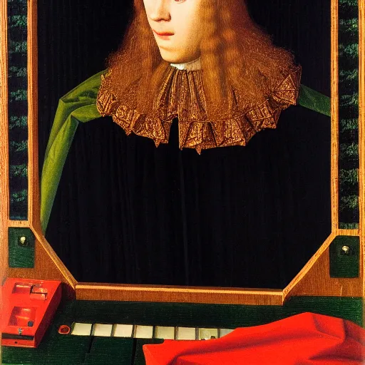 Prompt: a portrait of a person jacked into their cyberdeck by Jan van Eyck