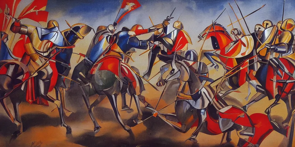 Image similar to futurism style painting of medieval knights jousting