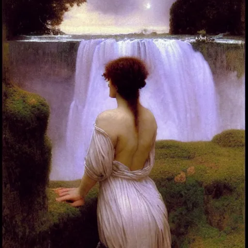 Prompt: a renaissance oil painting by alma tadema of a woman turned back on a stone balcony covered in moss with over shoulder view on the niagara falls waterfall at night, colourful pastel artstation greg rutkowski, detailed academic bouguereau, sharp focus