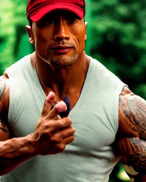 Image similar to Film still close-up shot of Dwayne Johnson as ash ketchum from the movie pokemon. Photographic, photography