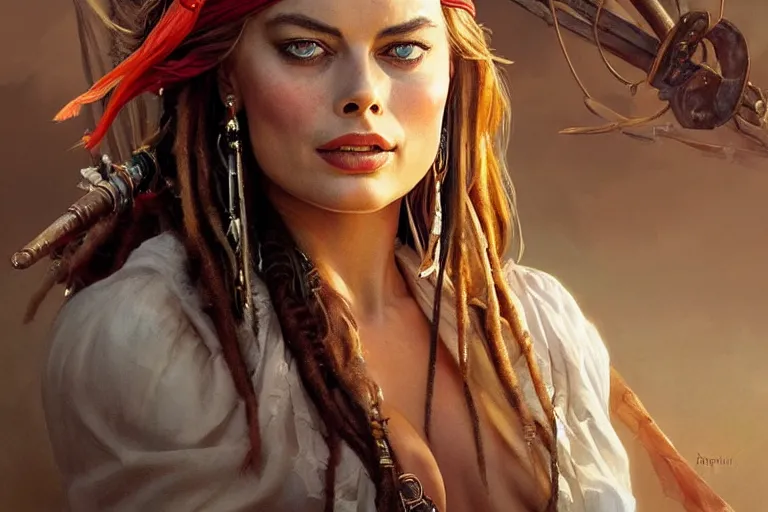 Prompt: Margot Robbie as Jack Sparrow pirate, elegant, sun shines in the sky, blood in the seahighly, detailed, digital painting, artstation, concept art, smooth, sharp focus, illustration, art by artgerm and greg rutkowski and alphonse mucha