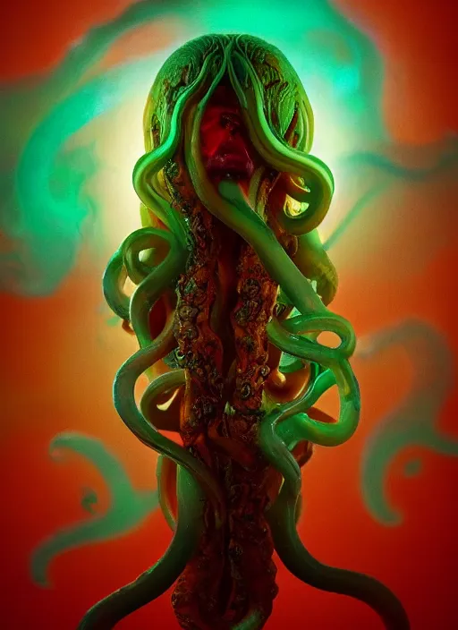 Image similar to subsurface scattering, medusa made of soft wax, cgsociety, translucent, organic squid and ceramic art nouveau swirls, golden orbs, colored smoke, in the style of alberto seveso and ruan jia and beeple and giger, mystical colors, back light, rim light, dramatic lighting, 8 k, stunning scene, raytracing, octane render