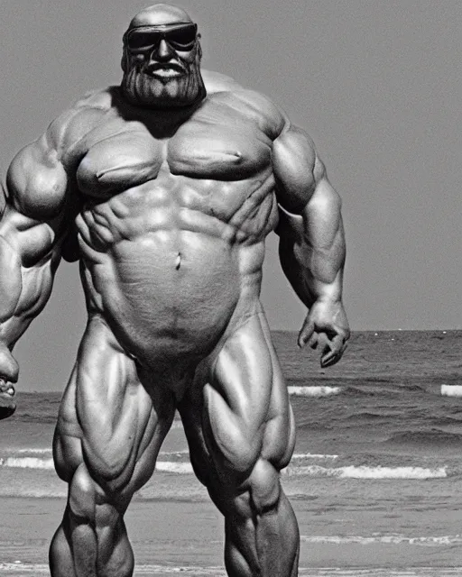 Prompt: a giant muscular cyclops on the beach