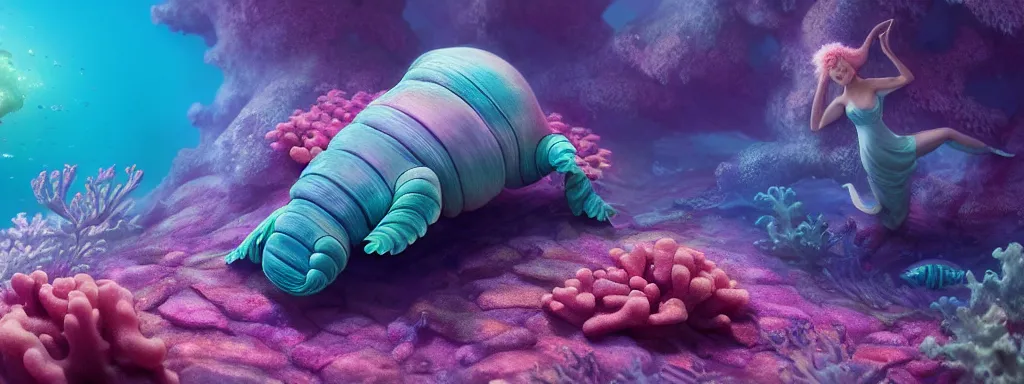 Image similar to a tardigrade in a coral reef by charlie bowater and anna dittmann and artgerm and clemens ascher, intricate, elegant, pink and blue and green mist, highly detailed, dramatic lighting, sharp focus, octane render, trending on artstation, artstationhd, artstationhq, unreal engine, 4 k, 8 k