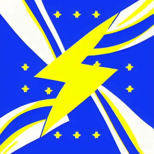 Image similar to A blue and white tricolor flag with a yellow lightning bolt in the middle, vexillogy, svg