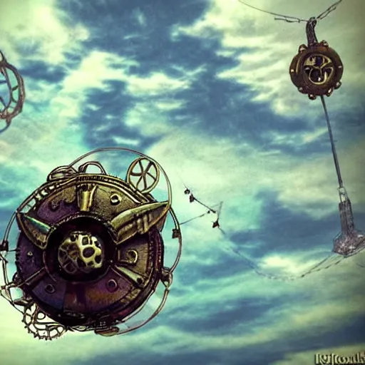 Prompt: flying city in a metal flower, sky, steampunk!!!, fantasy art, steampunk, masterpiece, octane