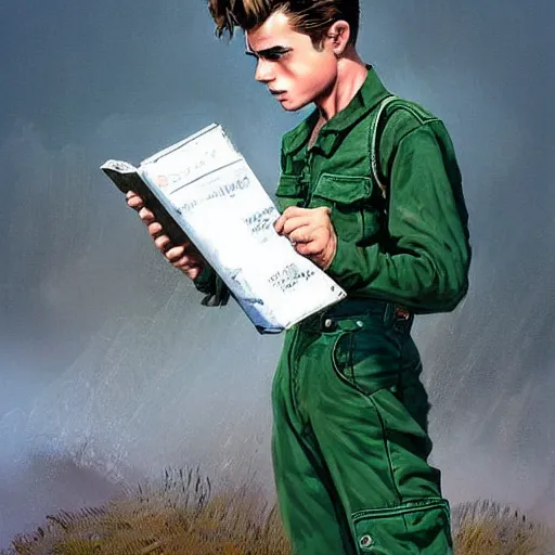 Image similar to a highly detailed epic cinematic concept art CG render digital painting artwork costume design: young James Dean as a well-kept neat anarchist rebel in 1950s USSR green dungarees and big boots, reading a book. By Greg Rutkowski, Ilya Kuvshinov, WLOP, Stanley Artgerm Lau, Ruan Jia and Fenghua Zhong, trending on ArtStation, subtle muted cinematic colors, made in Maya, Blender and Photoshop, octane render, excellent composition, cinematic atmosphere, dynamic dramatic cinematic lighting, aesthetic, very inspirational, arthouse