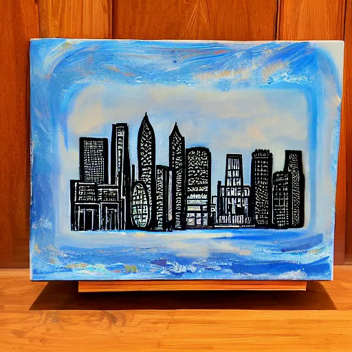 Prompt: oil on styrofoam crust - painting with melt of the city of atlanta skyline with symbolic filigree