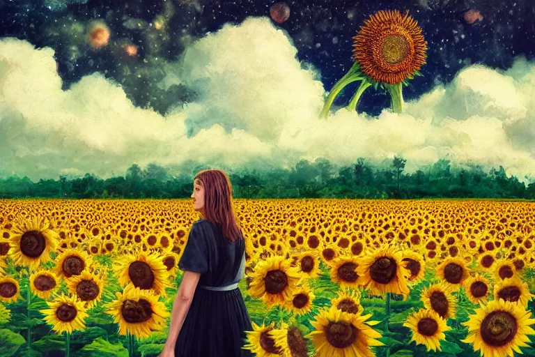 Image similar to giant sunflower as a head, girl walking in daisy field, hills, surreal photography, dark night, star trails, dramatic light, impressionist painting, clouds, digital painting, artstation, simon stalenhag