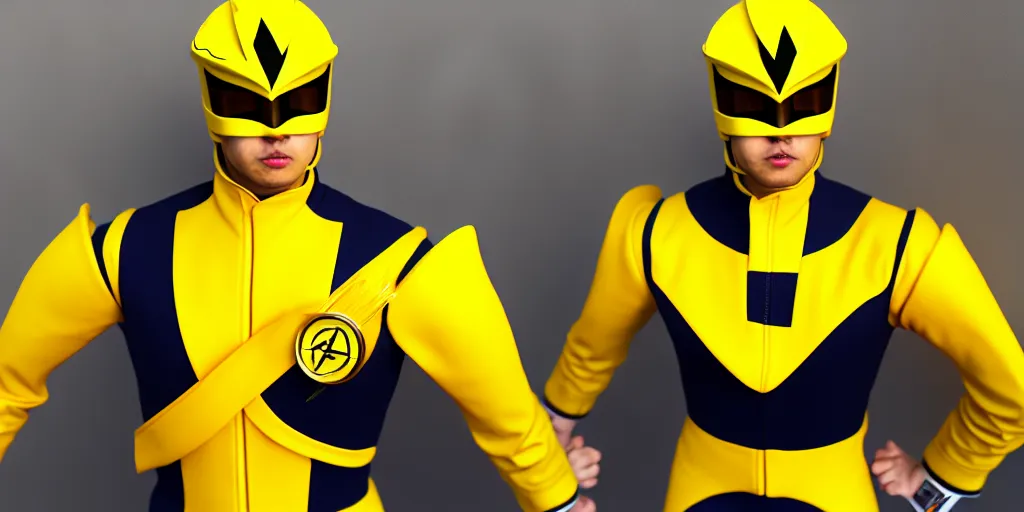 Prompt: symmetry!! yellow ranger dressed like donald trump, samurai, asian, artstation, art by murata, art by oda echiiro, lightning helmet, 3 d, jumpsuit, tracksuit, yellow, gloves, logo