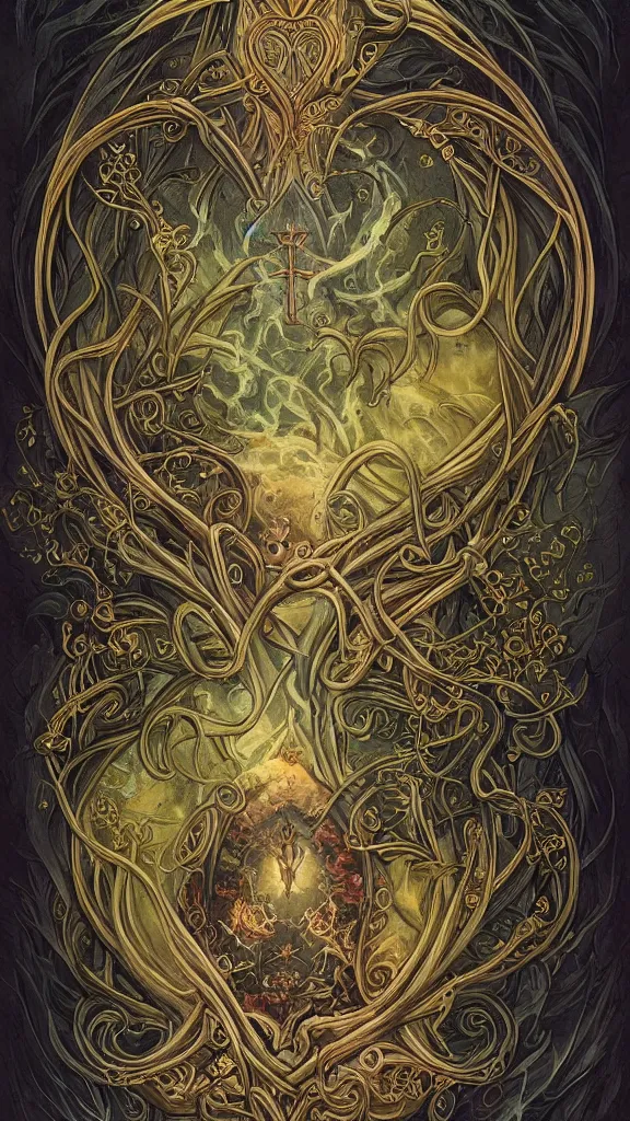 Image similar to cannabis, holy, symmetrical, symmetry, sandstone, gold, black vines, bandages, trychomes, god, detailed intricate ink illustration, symbols of the afterlife, tarot card with ornate border frame, dark atmosphere, by Peter Mohrbacher, complementary colors