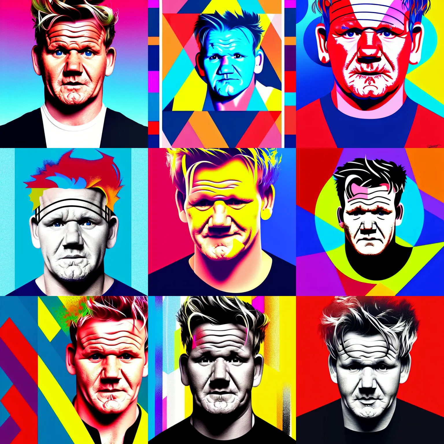 Prompt: A portrait of Gordon Ramsay, geometric shapes, digital art, rounded corners, candy colors, spray paint, bold graphics