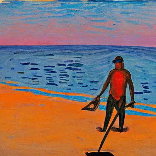 Image similar to a fauvist painting of a man deep in a hole on the beach, with a shovel, after sunset,