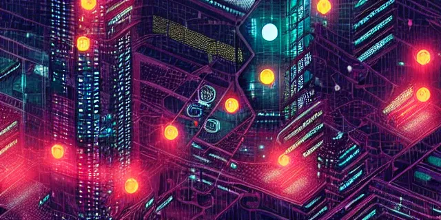 Image similar to network of technological dots floating in the middle of a cyberpunk tokyo 2 0 9 9 city, in the art style of dan mumford and marc simonetii, atmospheric lighting, intricate, volumetric lighting, beautiful, sharp focus, ultra detailed