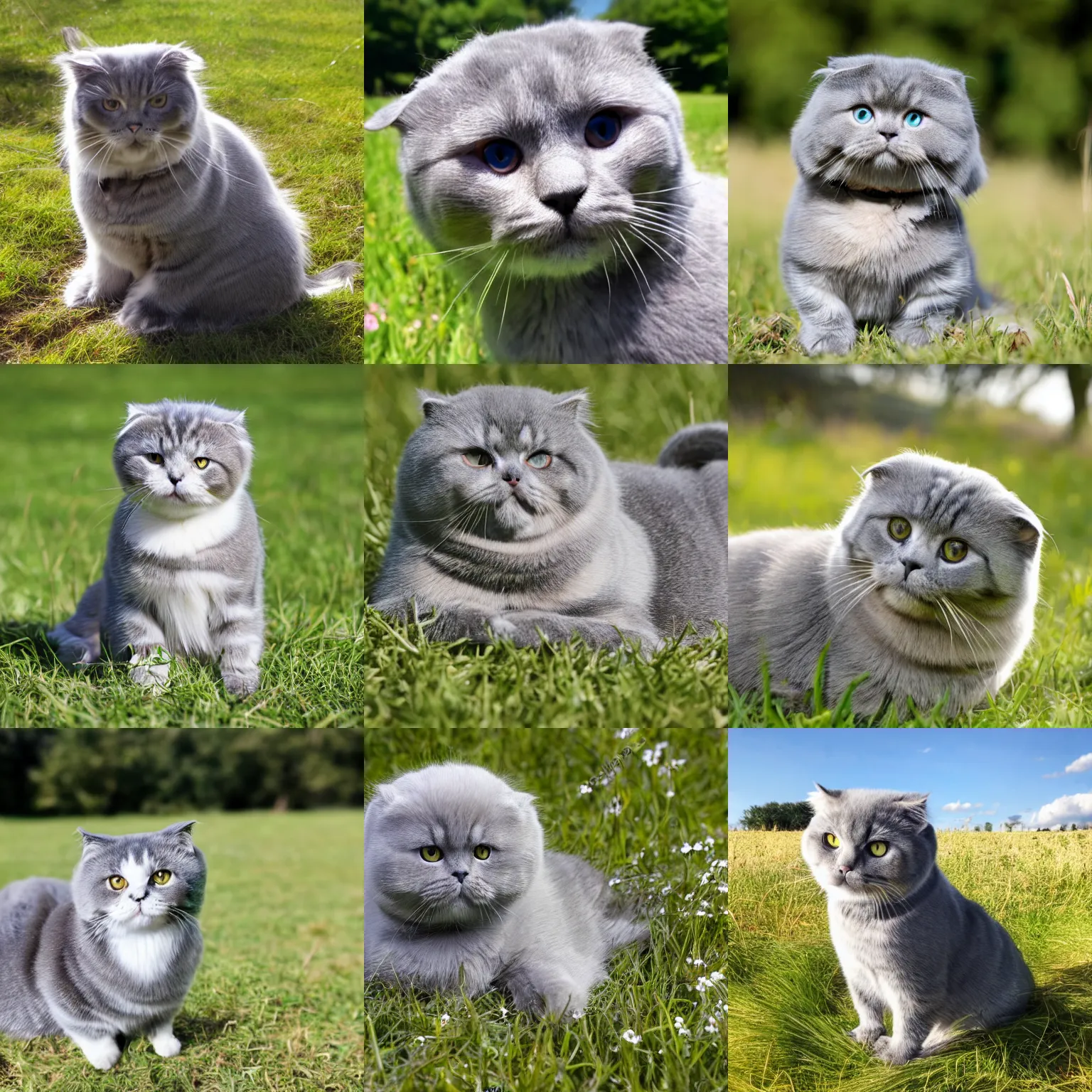 Prompt: mink gray scottish fold sitting in the middle of sunny meadow