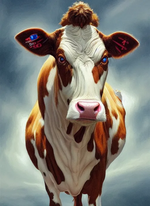 Image similar to portrait of cow, highly detailed, centered, solid color background, digital painting, artstation, concept art, smooth, sharp focus, illustration, artgerm, donato giancola, Joseph Christian Leyendecker, Les Edwards, Ed Repka, WLOP