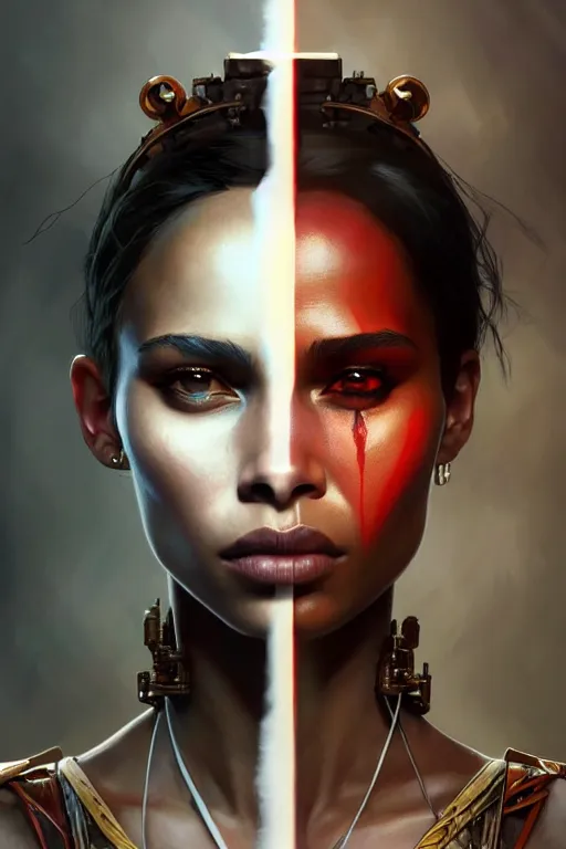 Image similar to symmetry!! portrait of zoe kravitz in the style of god of war, machine parts embedded into face, intricate, elegant, highly detailed, digital painting, artstation, concept art, smooth, sharp focus, illustration, art by artgerm and greg rutkowski and alphonse mucha, 8 k