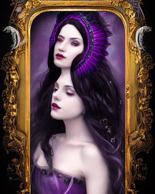 Image similar to a beautiful image of a young woman, Liliana vess the last hope, long flowing black hair, ornate headdress, Victorian purple and black costume, young female face, cinematic top lighting, insanely detailed and intricate, face by wlop, Charlie Bowater, golden ratio, symmetric, elegant, ornate, luxury, elite, matte painting, cinematic, trending on artstation, deviantart and cgsociety, 8k, high resolution