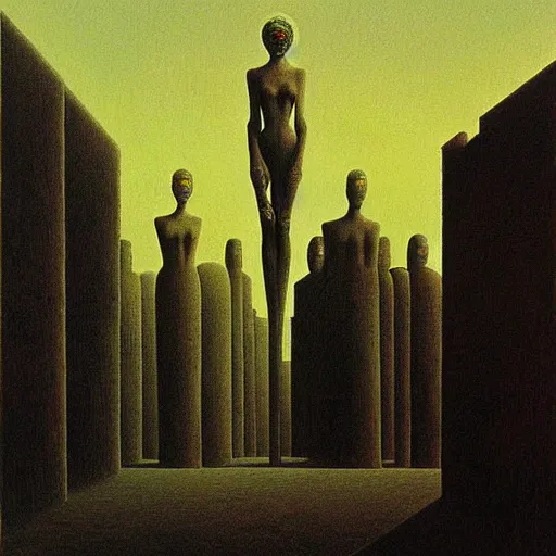 Image similar to highly detailed dystopian surreal painting of eerie statues and buildings by zdzisław beksinski