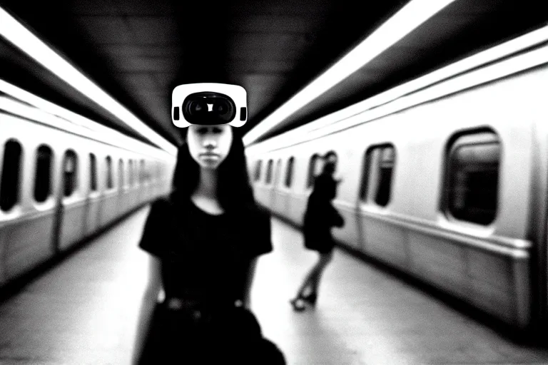 Prompt: girl in augmented reality headset in a subway, richard avedon, tri - x pan, ominous lighting